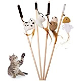 Fanshiontide 4 Stück Katzenspielzeug Feder, Interaktives Katzenangel Katze Spielzeug Katzenspielzeug-Stab mit Maus Fisch Vogel Plüschtier für Katzenbeschäftigung