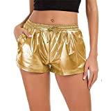 Generic Damen Reflektierende Shorts LäSsige Metallic-Clubwear-Shorts Mit Elastischem Kordelzug Yoga-Hot-Shorts Mit Taschen (M,Gold)