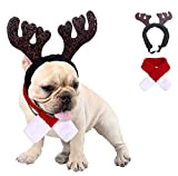 Kungfu Mall Hundeweihnachtsoutfit Kleines Hundekostüm Weihnachten Rentier Geweih Mütze & Schal Weihnachten Rot Kostüm Anzug Haustier Weihnachtskostüm