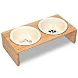 Navaris Futternapf Katze mit Bambus Halter - Futterstation Set Keramiknapf für Katzen Hunde - Keramik Fressnapf Set Futterbar mit Holz ...