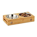 Relaxdays Futterbar für kleine Hunde, 2 Näpfe V je 300 ml, erhöht, Bambus & Edelstahl, HBT: 6,5x31,5x15 cm, Natur/Silber, 1 ...