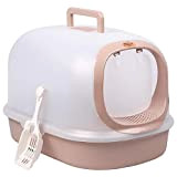 Translucent Hooded Cat Litter Pan, Large, Litter Boxes with Shovel, Portable Handle Cat Llitter Tray (Color : Brown)